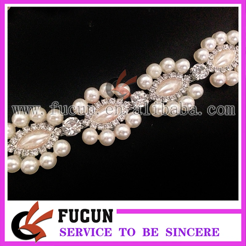 Beaded Pearl Clear Crystal Rhinestones Chain Applique Sewing Trim