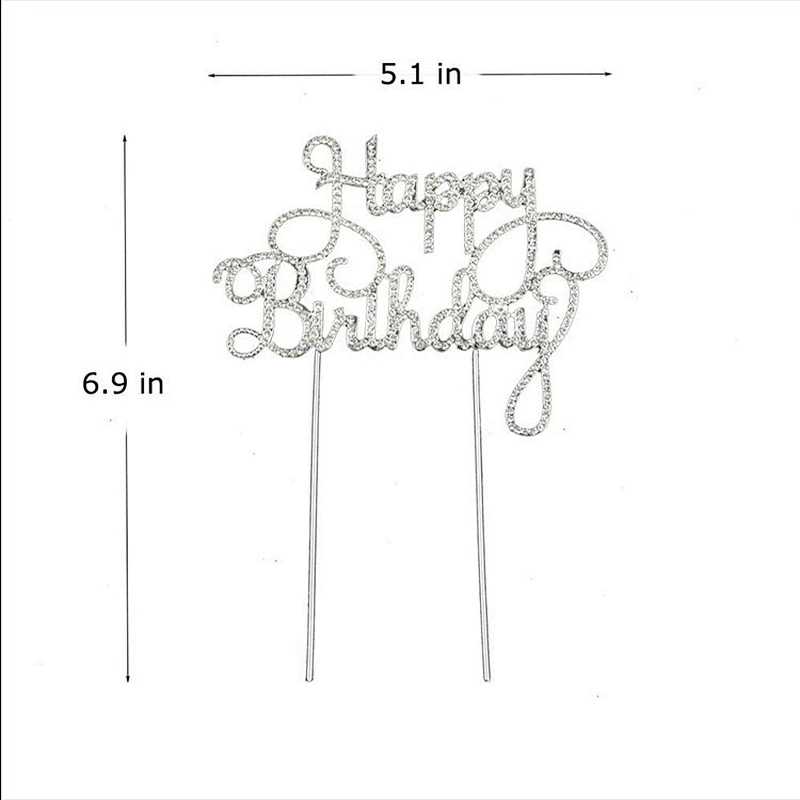 Happy Birthday Cake Topper Silver Metal with Crystal Rhinestones for Birthday Party Decorations