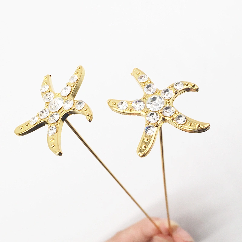 silk rose flowers bunch gold starfish rhinestone stick brooch for decors
