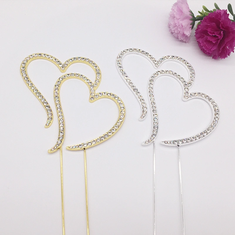 crystal rhinestone covered romantic double heart sweet wedding cake topper wholesale