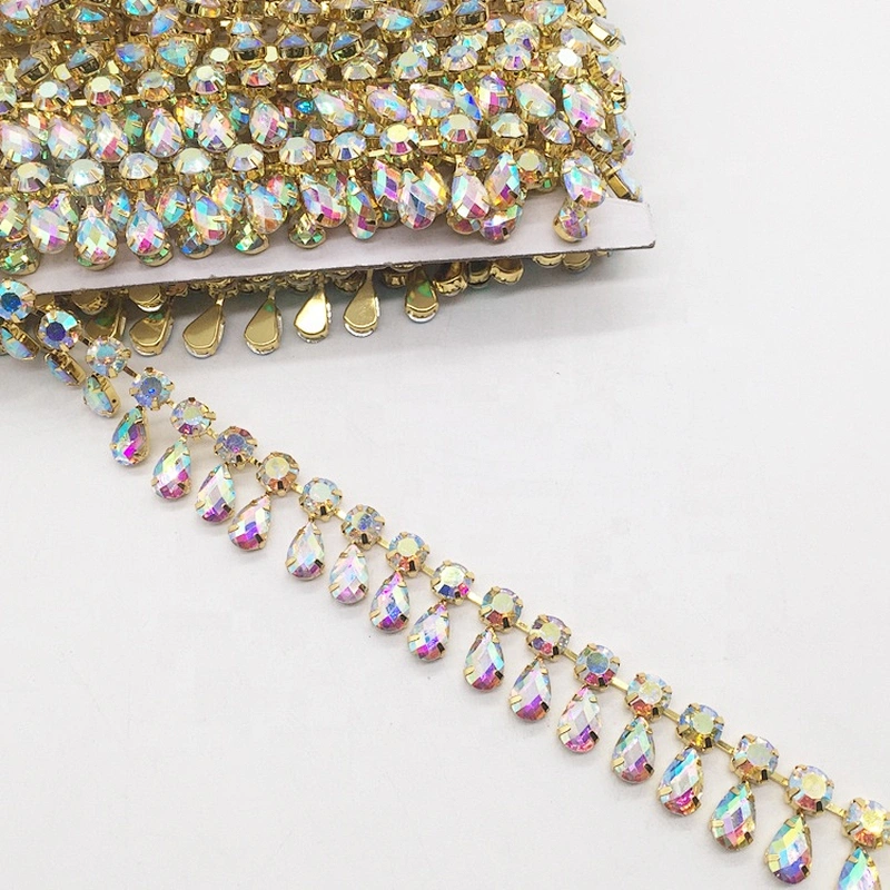 cheap price fashion bulk gold plating AB stone rhinestone trimming by yard for garment decors