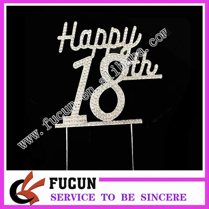 party supplies silver plated metal alloyed happy 18th birthday rhinestone cake topper for cake decoration