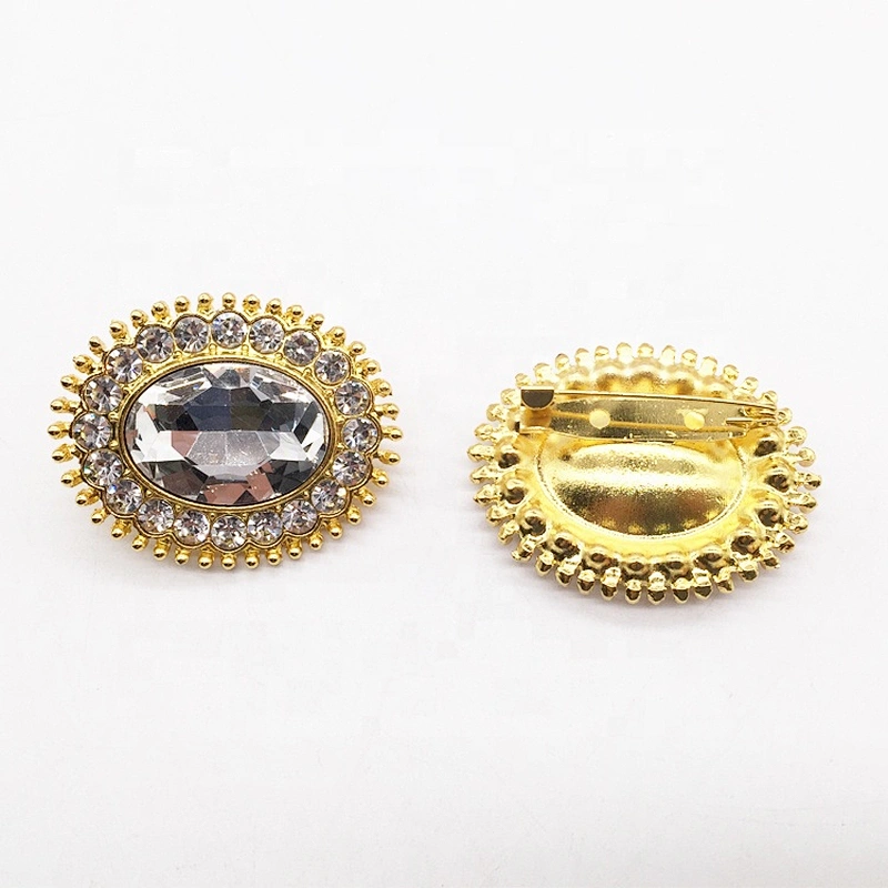 Luxury shining gold rhinestone garment accessories ladies oval rhinestone button brooches