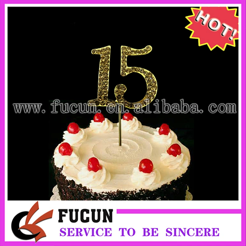 No.15 Gold Rhinestone NUMBER CAKE TOPPER for Birthday, Anniversary, Quinceanera, Sweet Sixteen, and Special Event