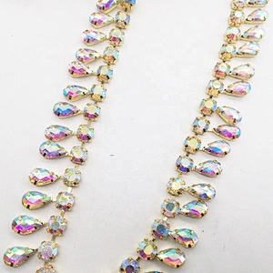 cheap price fashion bulk gold plating AB stone rhinestone trimming by yard for garment decors