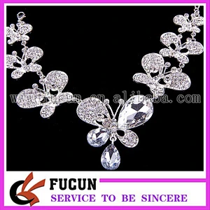 Alloy Silver Plated Rhinestone butterfly glass Necklace, Earrings,crown Bridal Wedding Jewelry Set