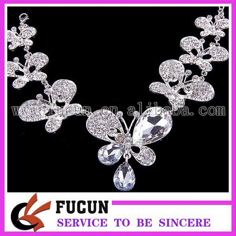 Alloy Silver Plated Rhinestone butterfly glass Necklace, Earrings,crown Bridal Wedding Jewelry Set