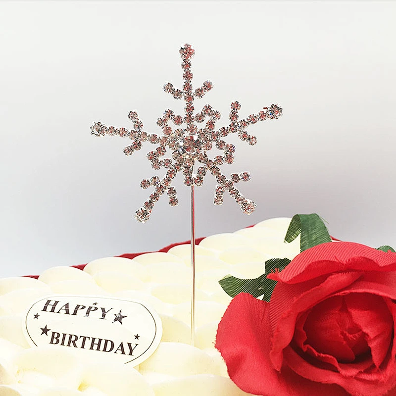 Hot sale Metal 6cm Silver snowflake happy birthday wedding cake topper