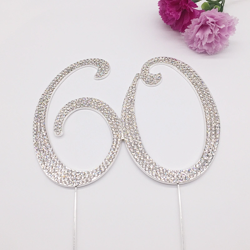 Top Selling Cake Party Accessories Sliver Rhinestone 60th Anniversary Birthday Cake Topper