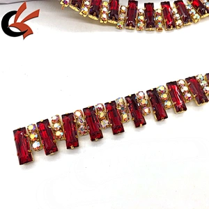 Costume Applique Red crystal rhinestone golden Trimming chain