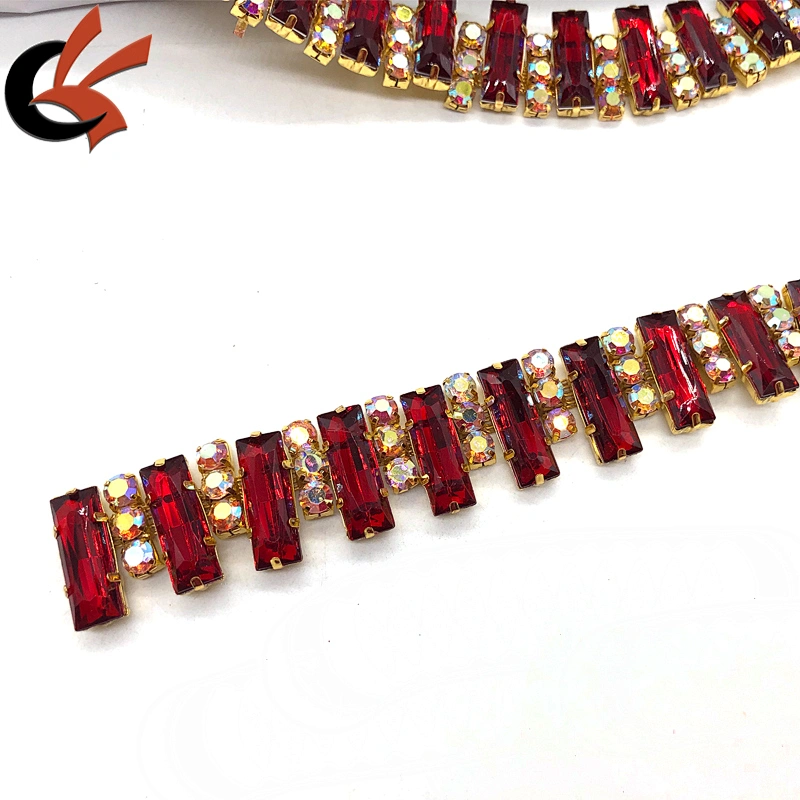 Costume Applique Red crystal rhinestone golden Trimming chain