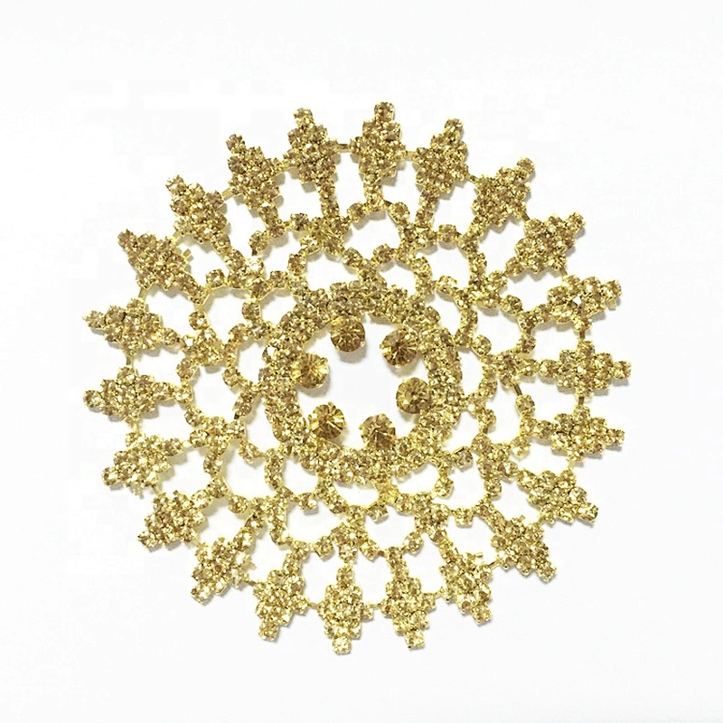 9cm handmade round shape special design gold topaz rhinestone applique patches for clothes