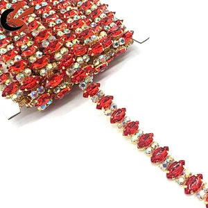 Sewing Red Marquise Beaded Crystal Rhinestone Wedding Crystal Trim Appliques Lace Trims