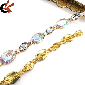 Shiny Oval Shape AB Crystal Acrylic Rhinestones Chain Trimming For Garment Making