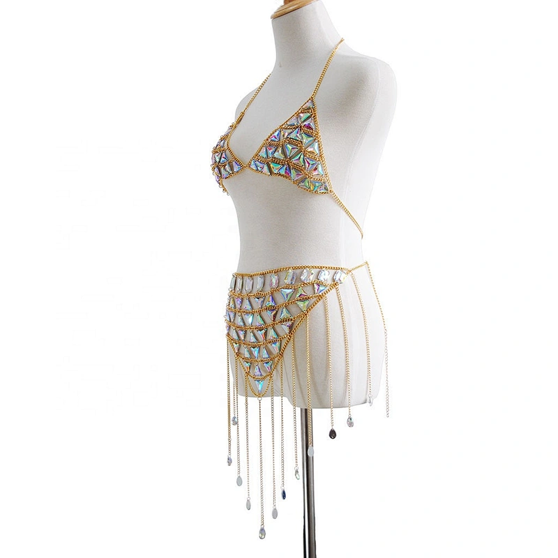 Sexy Luxury AB Gemstone Bikini Skirt Top Bra Chain Body Jewelry Body Chain Dress For Women Girls