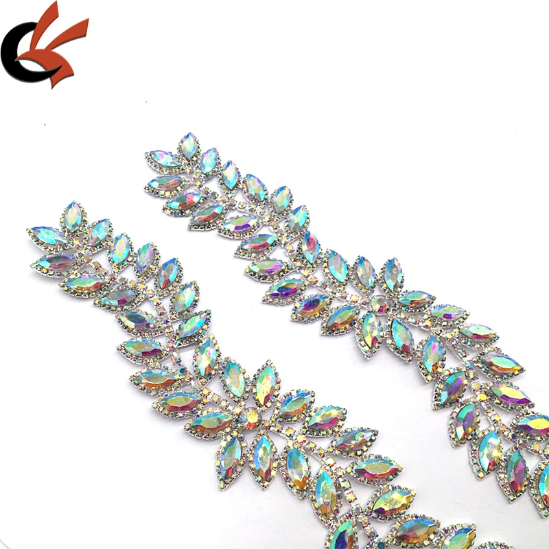 Fashion luxury rhinestone diamond ab leaf trim sew on crystal flower applique for garment bikini