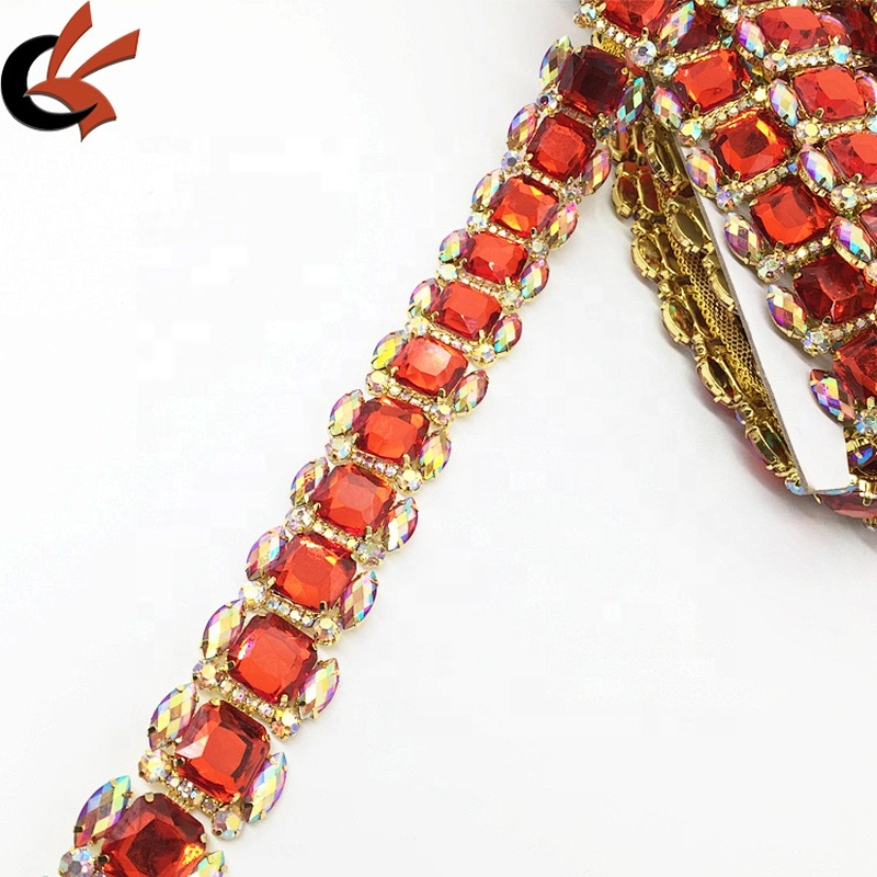 Crystal Rhinestone Gold Setting Red Beads Bridal Trim Square Stones Rhinestone Chain Trims