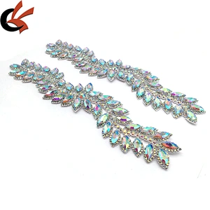Fashion luxury rhinestone diamond ab leaf trim sew on crystal flower applique for garment bikini