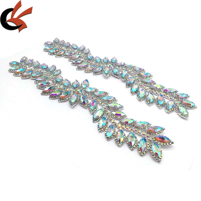 Fashion luxury rhinestone diamond ab leaf trim sew on crystal flower applique for garment bikini