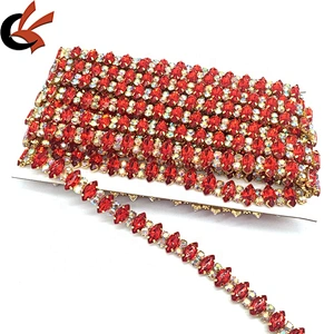 Sewing Red Marquise Beaded Crystal Rhinestone Wedding Crystal Trim Appliques Lace Trims