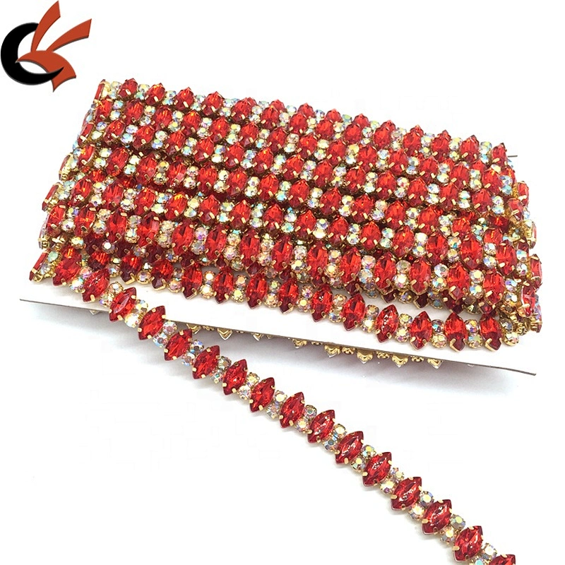 Sewing Red Marquise Beaded Crystal Rhinestone Wedding Crystal Trim Appliques Lace Trims