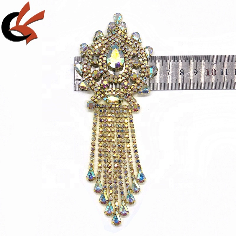 Newest gold base AB clear crystal rhinestone tassel appliques sew on garment Jewelry accessories
