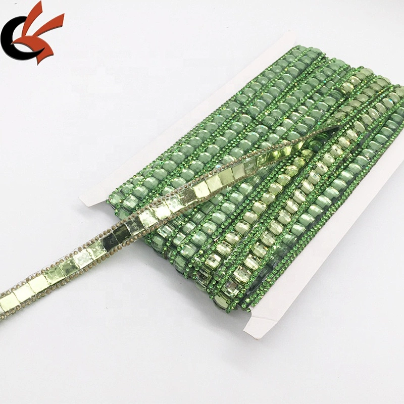 Hotfix Resin Rhinestones Chain Trim Crystal Fabric Green Stone Simple Design Hot Fix Rhinestone Ribbon Tape