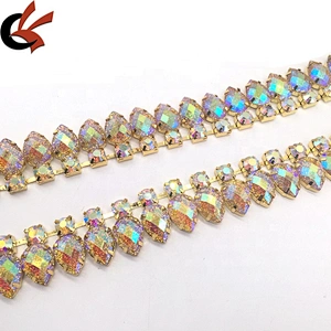 Sparking Wholesale Fringe Teardrop Resin Gold AB Glitter Crystal Rhinestone Chain Trim For Dress