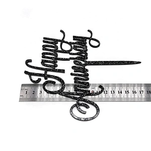 Happy Anniversary Topper Glitter Gold Black Acrylic Cake Topper for Wedding Anniversary Cake Accessories