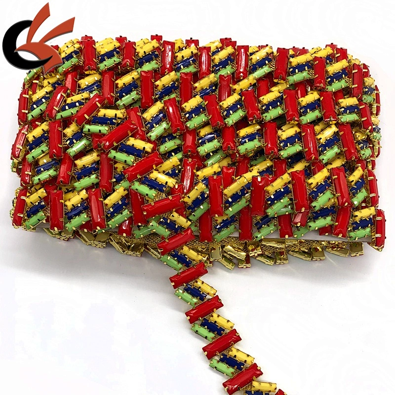 Costume dress decoration Red Yellow Green Blue rectangle rhinestone alternate chain trimming