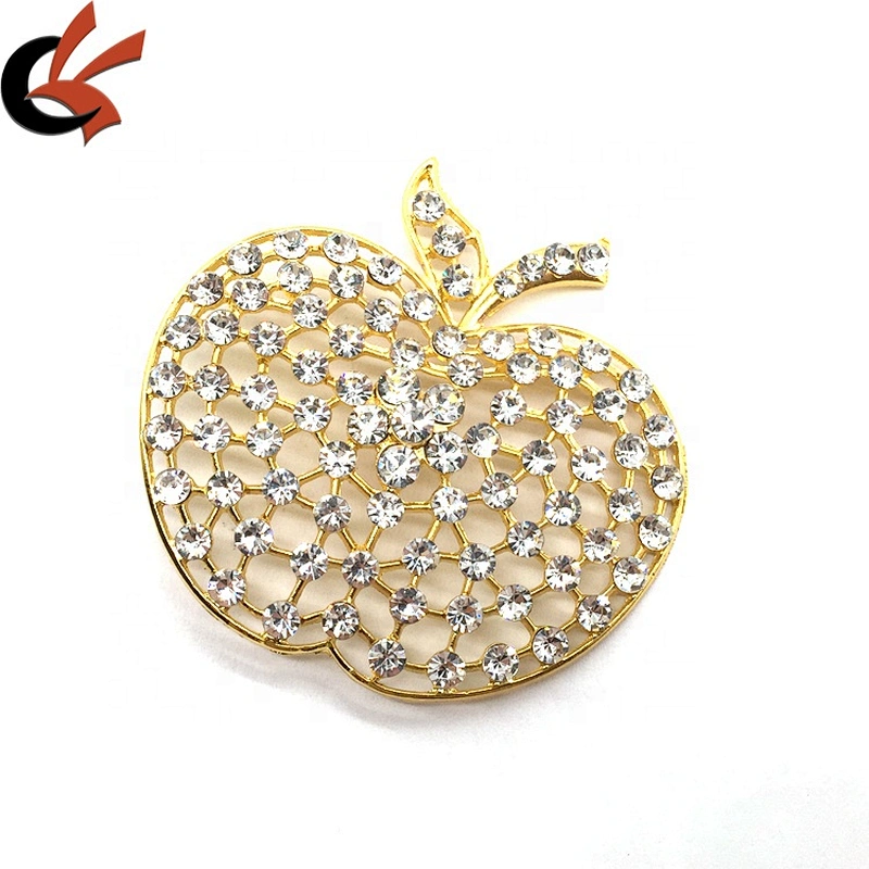 Hot Sale Gold Shiny Diamond Rhinestone Big Apple Shaped Brooch Button For Garment Accessories