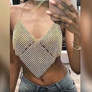 Stock Rhinestone Decoration Plain Flash Luxury Women Nightclub Diamond Low-cut Halter Top Body Chain