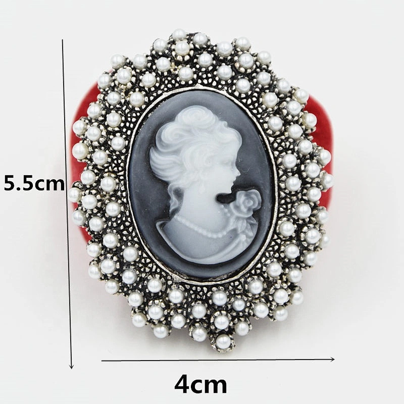 Hot sale fashion retro metal beauty head carved inlaid pearl beads lady cameo brooch