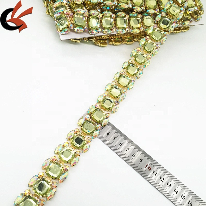 Wholesale Square Shape Custom Rhinestone Trim With Metal Settings Shirt Neckline Gemstone Chains