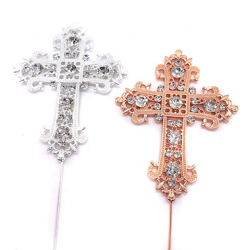 Religious Wedding Baptism Christening Decorative Gold 9.5*11.8cm Crystal Rhinestone Cross Cake Topper
