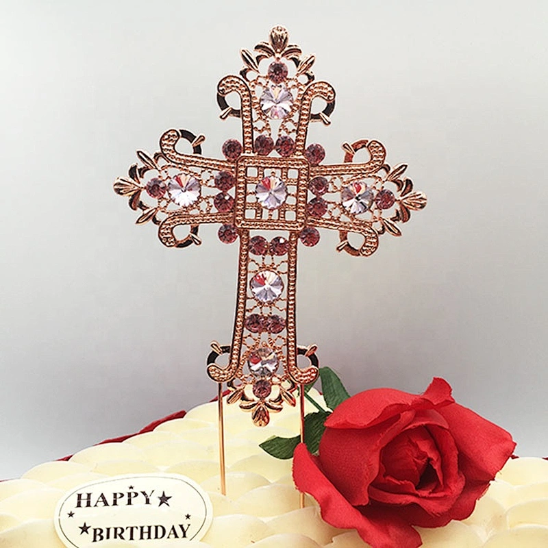 Customized 2020 new style rose gold plating metal with crystal cross cake topper for party