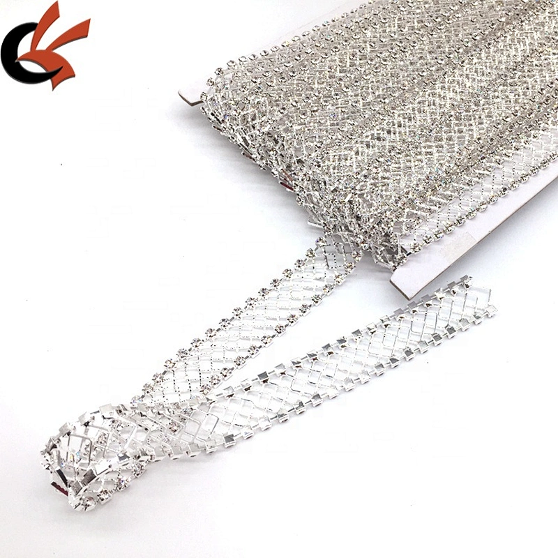 Wholesale fashion crystal mesh design silver decorative rhinestone fabric trim