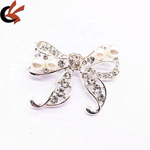 Women fashion brand crystal brooches Chinese bow shaped rhinestone pearl silver brooch pin