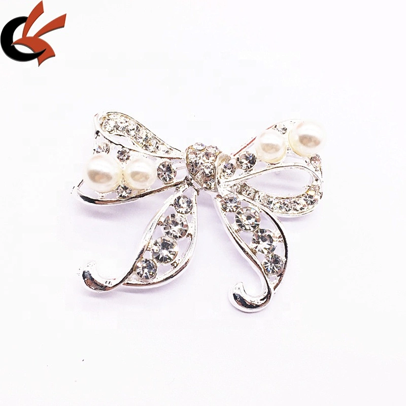 Women fashion brand crystal brooches Chinese bow shaped rhinestone pearl silver brooch pin