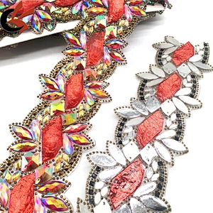 Red hot fix large width crystal beaded resin applique rhinestone chain crystal trim for clothing