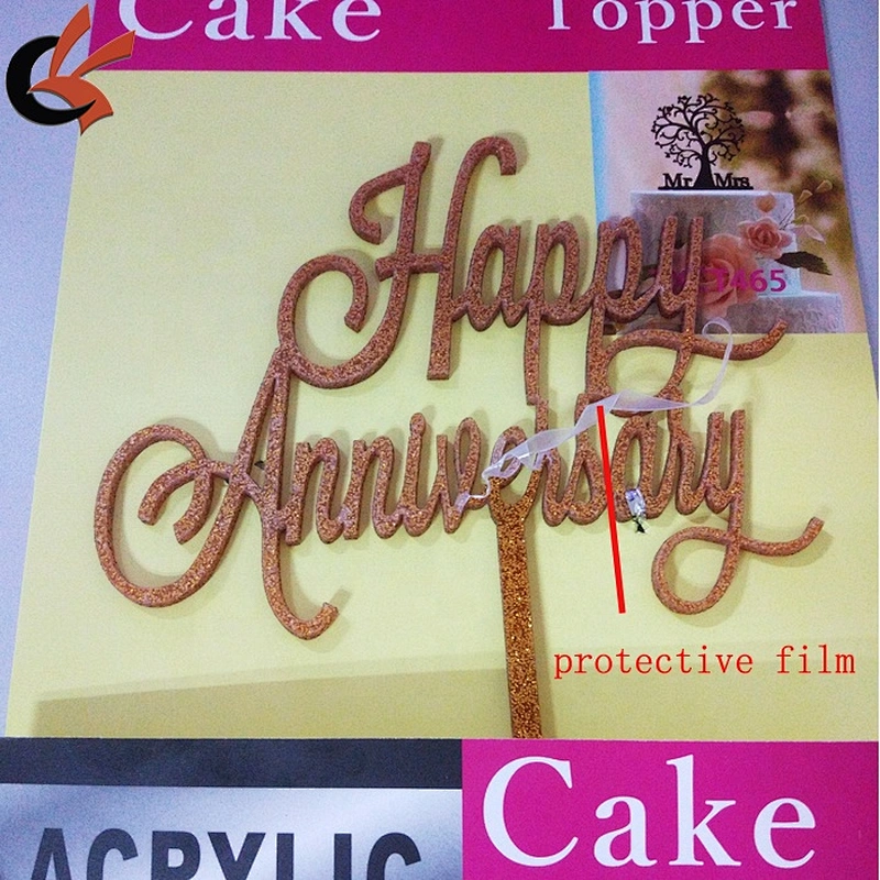 Happy Anniversary Topper Glitter Gold Black Acrylic Cake Topper for Wedding Anniversary Cake Accessories