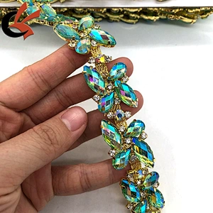 Factory Customized Shining Green AB crystal gems rhinestone beaded trimming for costume decoration