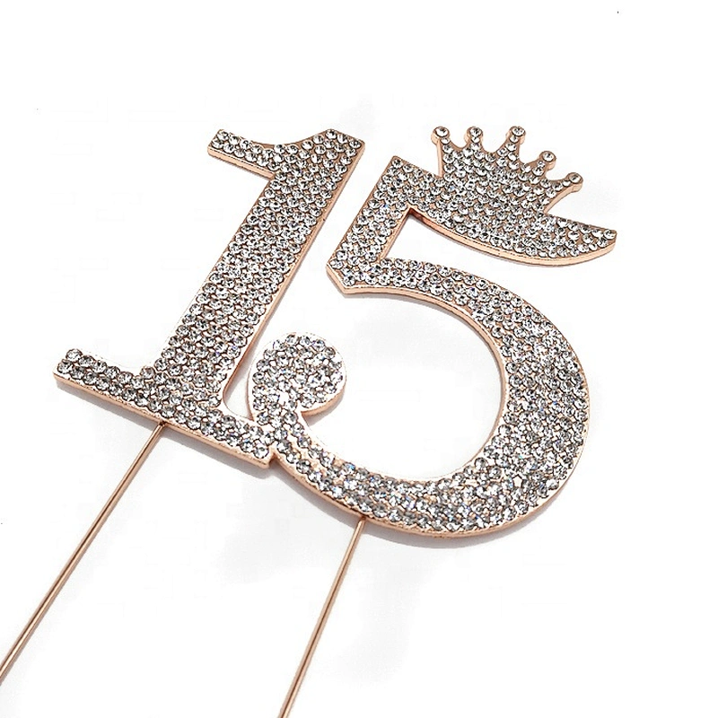2020 Wholesale Rose Gold Crown Number 15 Rhinestone Cake Topper