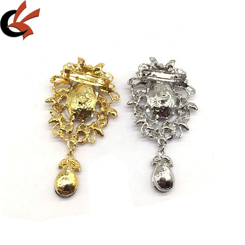 Fancy vintage metal flower hanging brooch crystals muslim women hijab brooch pin