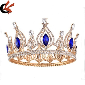 Wedding Apparel Rhinestone Royal Blue Full Round Crown Tiara Rhinestone Crystal Beauty Queen Pageant Crowns