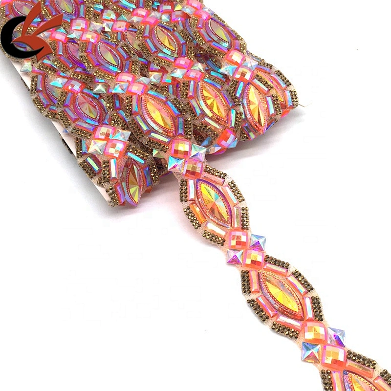 Fashion Garment Decoration Rhinestone Banding Hot Fix Rhinestone Motif Trim Iron On Trimming