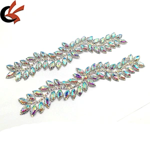 Fashion luxury rhinestone diamond ab leaf trim sew on crystal flower applique for garment bikini