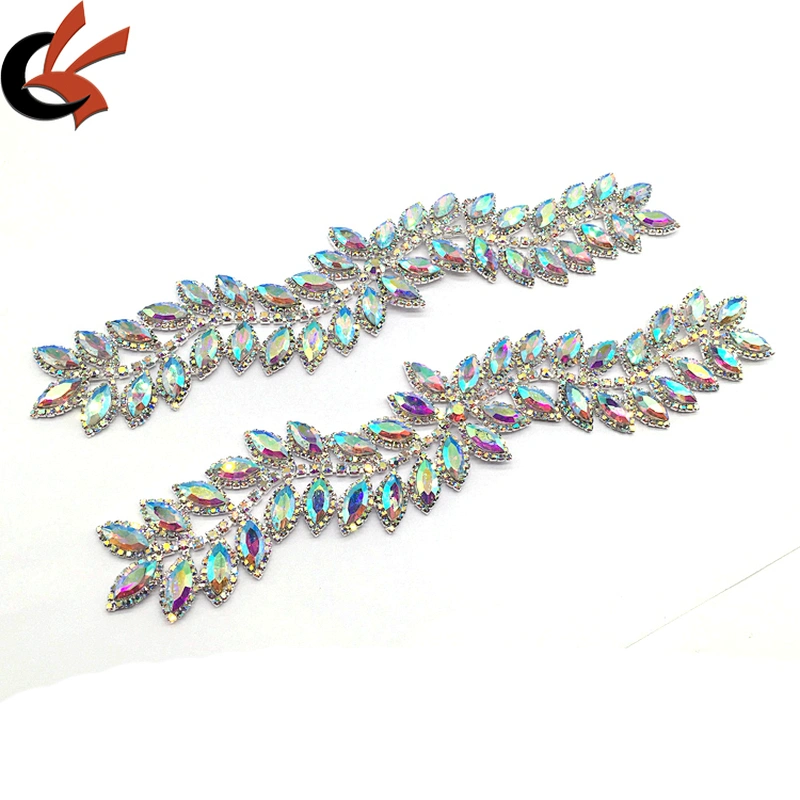 Fashion luxury rhinestone diamond ab leaf trim sew on crystal flower applique for garment bikini