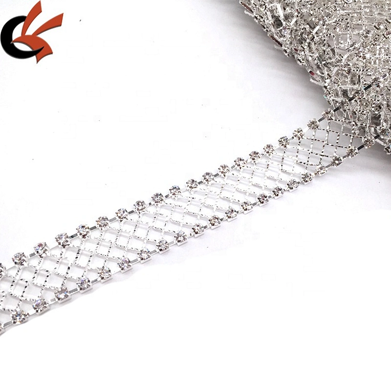 Wholesale fashion crystal mesh design silver decorative rhinestone fabric trim