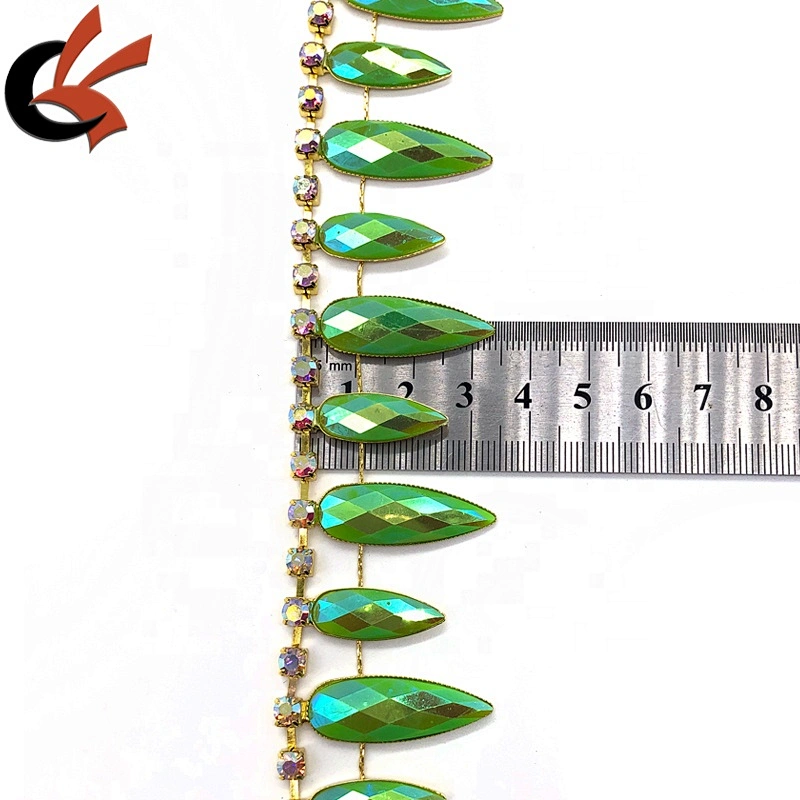 Fashion Neon green drops with AB coating resin rhinestone tassel chain trimming